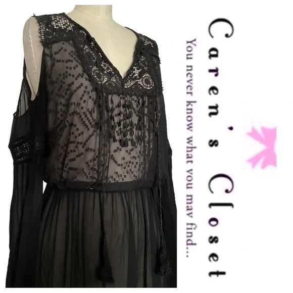 Karen Milan Black Chiffon Lace Cold Shoulder Midi Cocktail Dress - Picture 9 of 10